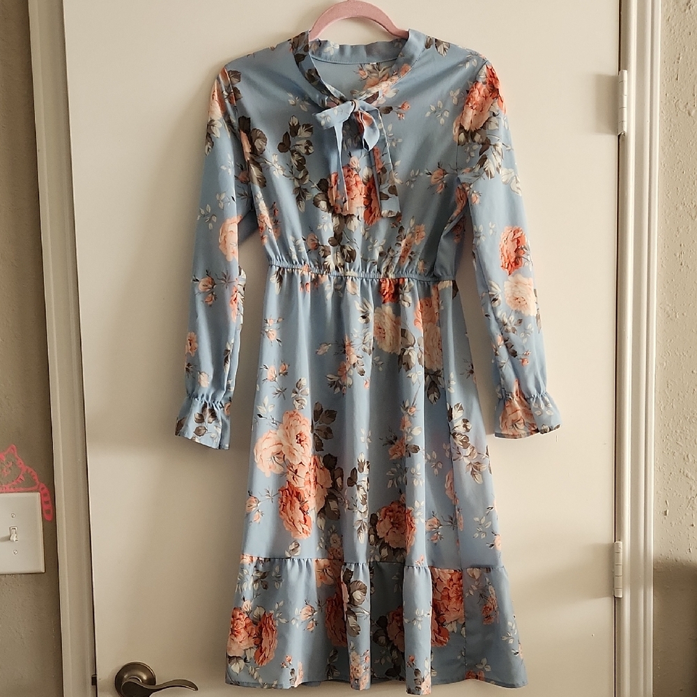 Blue Floral Long Sleeve Dress with Tie Neck | Size S